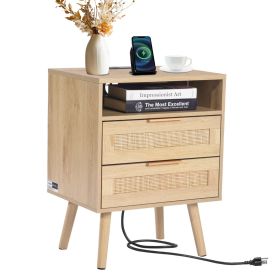 VEVOR Rattan Nightstand, Boho Bedside Table with Open Shelf 2 Drawers, Rattan End Table Nightstand with Solid Wood Legs