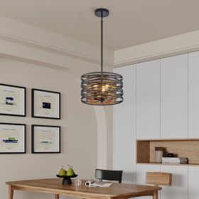 13" Rustic Industrial Pendant Light, 3-Light Black and Walnut Metal Cage Chandelier with Wood Accents for Kitchen Island and Dining Room (No Bulb