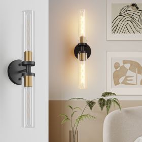 Wall Sconces Set of Two, Black and Gold Bathroom Sconces Wall Lighting with Clear Glass