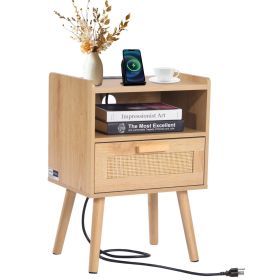 VEVOR Rattan Nightstand, Boho Bedside Table with Drawer Open Shelf, Rattan End Table Wooden Nightstand with Solid Wood Legs