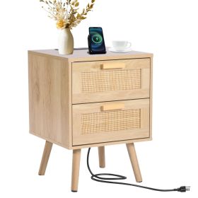 VEVOR Rattan Nightstand, Boho Bedside Table with 2 Drawers, Rattan End Table Nightstand with Solid Wood Legs