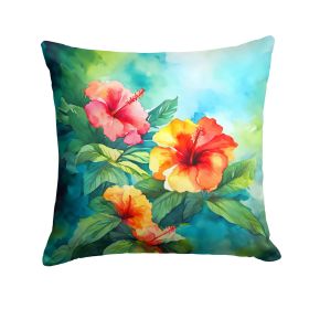Hawaii Hawaiian Hibiscus in Watercolor Throw Pillow Machine Washable, Indoor Outdoor Decorative Pillow for Couch, Bed or Patio, 18Hx18W