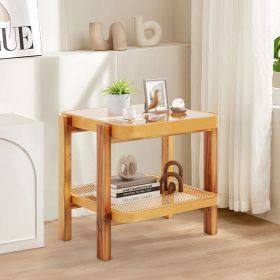 Rattan 2-Tier End Side Table with Tempered Glass Top Acacia Wood Legs