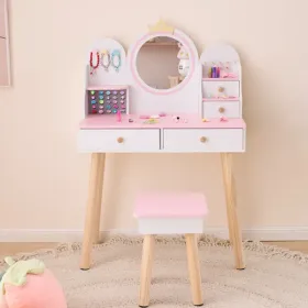 White And Pink Crown Element, MDF + Particleboard + Solid Wood Legs, Painted And Melamine Laminated, 4-drawer Children's Dressing Table Set (Option: Defaulttitle)