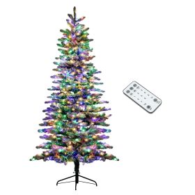HOMCOM 7.5 Ft Pre-Lit Mountain Pine Artificial Christmas Tree, Snow Flocked Christmas Tree, Hinged Xmas Tree With 500 LED Lights And 1264 Branch (Option: Green)