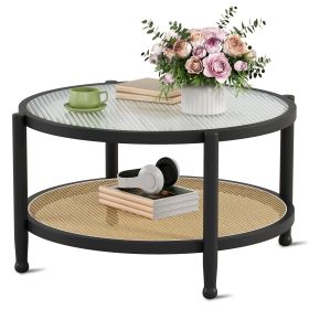 Rattan Round Coffee Table for Living Room, Boho Circle Table with Tempered Glass Desktop, Wood Farmhouse Accent Center Storage Table (Color: Black)
